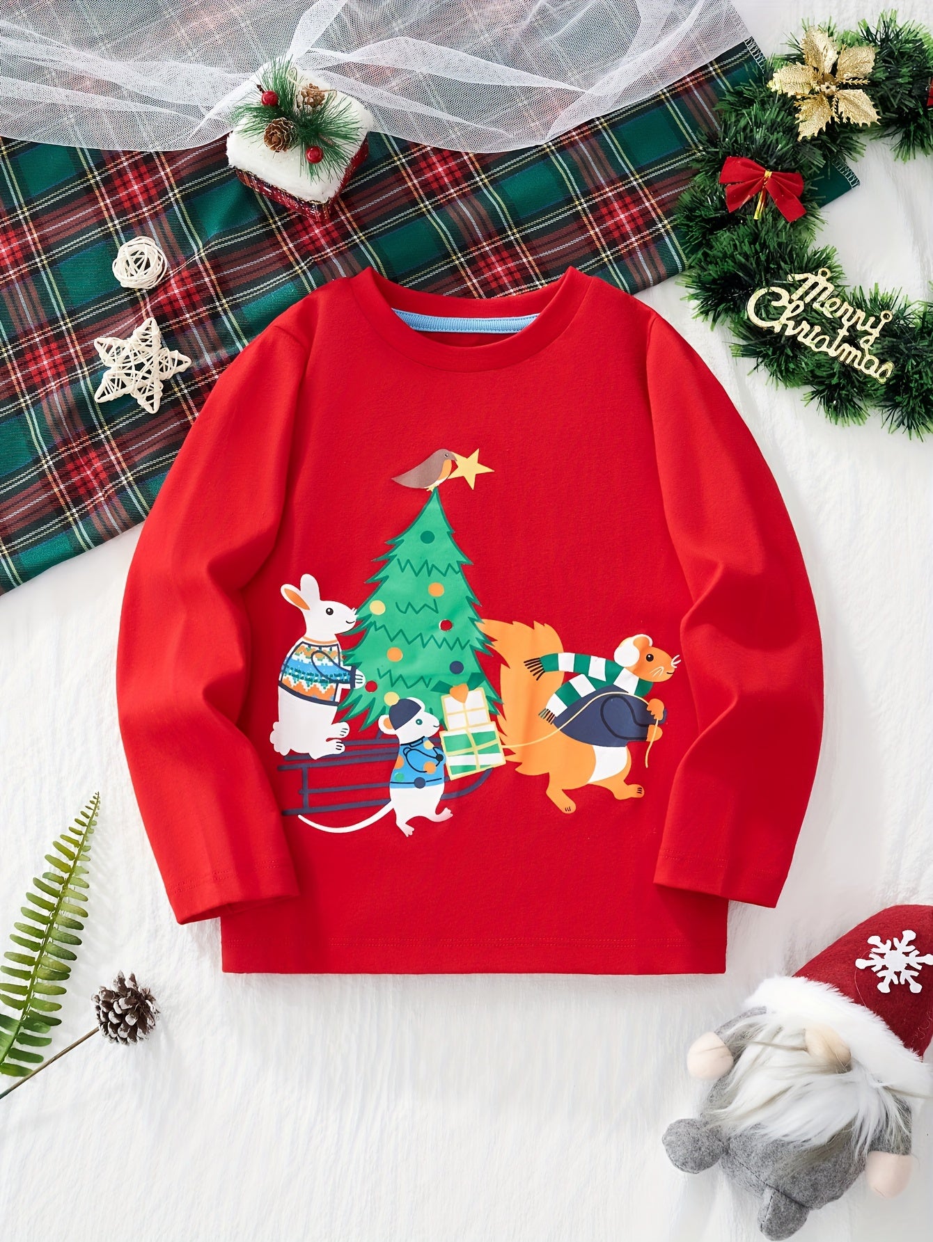 Boy's Cartoon Print Long Sleeve Crew Neck T-shirt - Fun Christmas Tree Design, Kids Casual Holiday Autumn Winter Clothes, Comfortable and Cozy for Boys