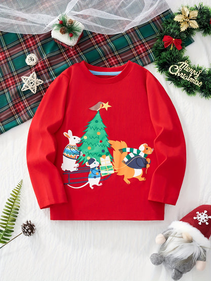 Boy's Cartoon Print Long Sleeve Crew Neck T-shirt - Fun Christmas Tree Design, Kids Casual Holiday Autumn Winter Clothes, Comfortable and Cozy for Boys