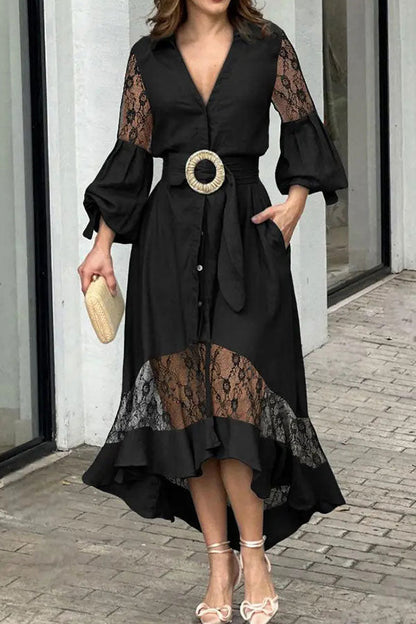 namcoverse Lace Patchwork Stylish Belted High Low Midi Dress