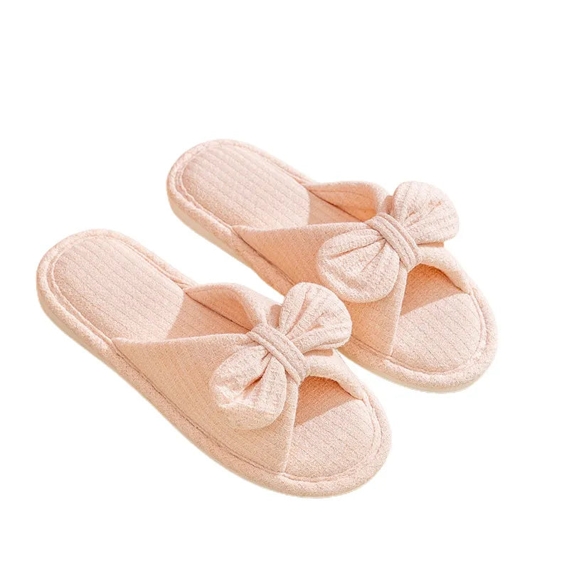 New ins bow knitted cotton home slippers cute teenage open toe couple sandals women