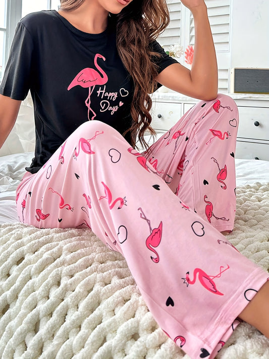 Womens Flamingo Print Relaxed Fit Pajama Set - Soft Polyester Short Sleeve Crew Neck Top & Pants with Bow Details - Comfortable, Cute, and Cozy for All Seasons