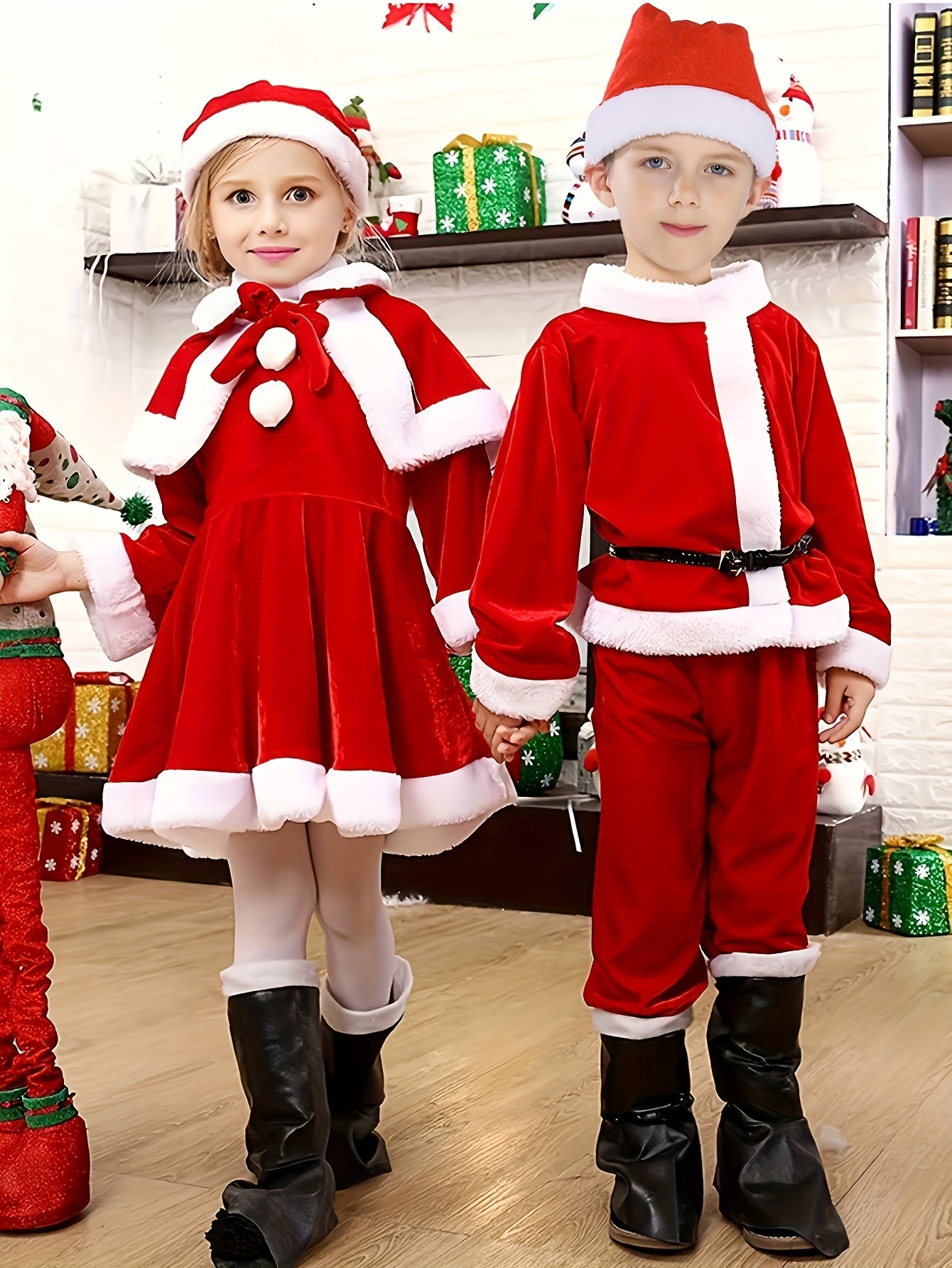 Boys' Festive Christmas Costume Set with Santa Hat - Long Sleeve Top & Cropped Pants, Polyester Blend, Perfect for Holiday Performances
