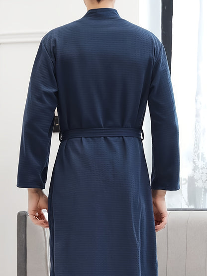 Quick-Drying Korean Style Mens Bathrobe - Lightweight & Absorbent Sleep Robe with Crop Sleeves, V-Neck, Solid Color & Adjustable Belt - Perfect for Summer Lounging & Spa Home Wear