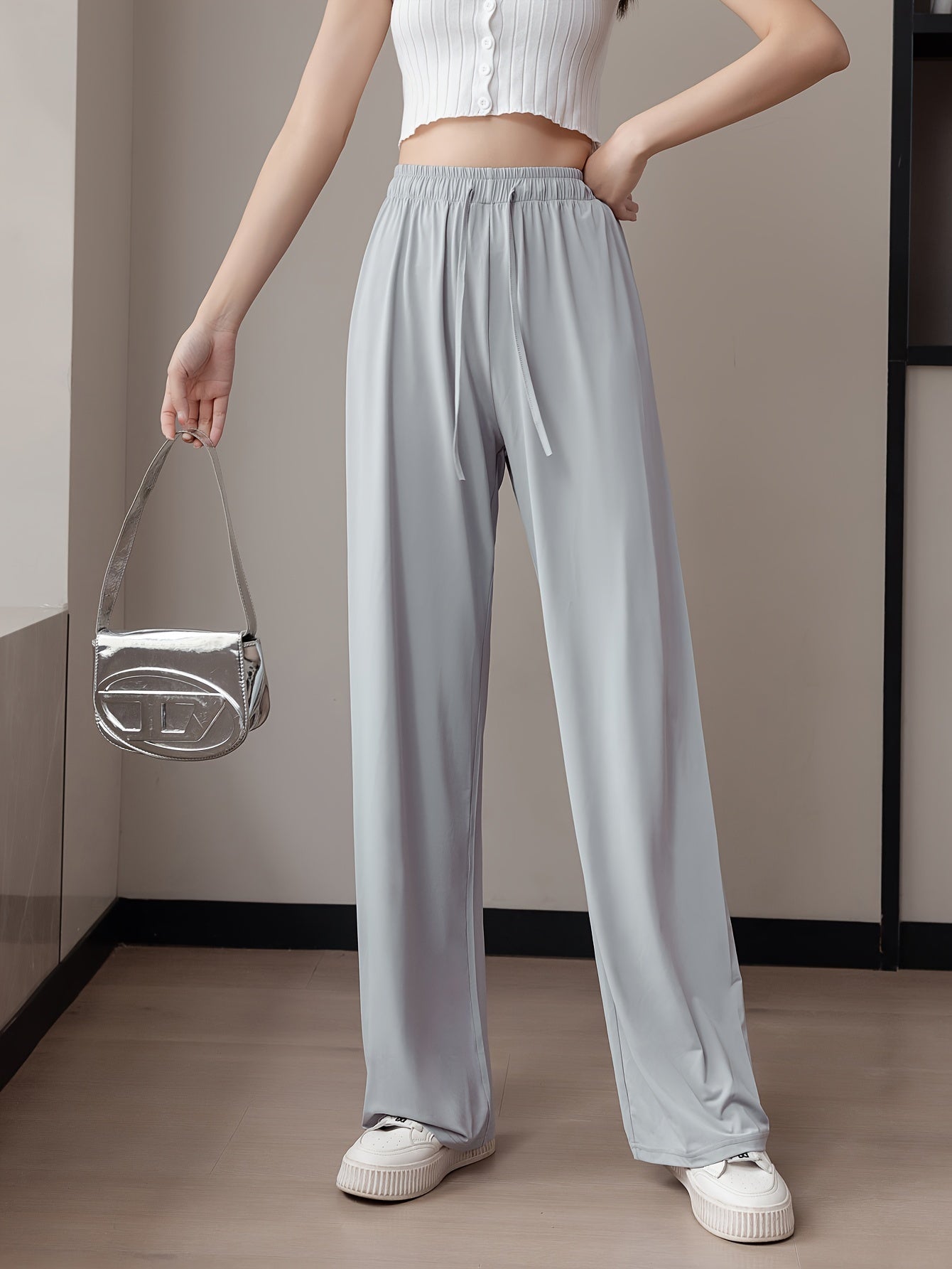 Ice Silk High-waisted Thin Women's Outdoor Trousers, Casual Mosquito-proof Floor-mopping Straight Wide-leg Trousers