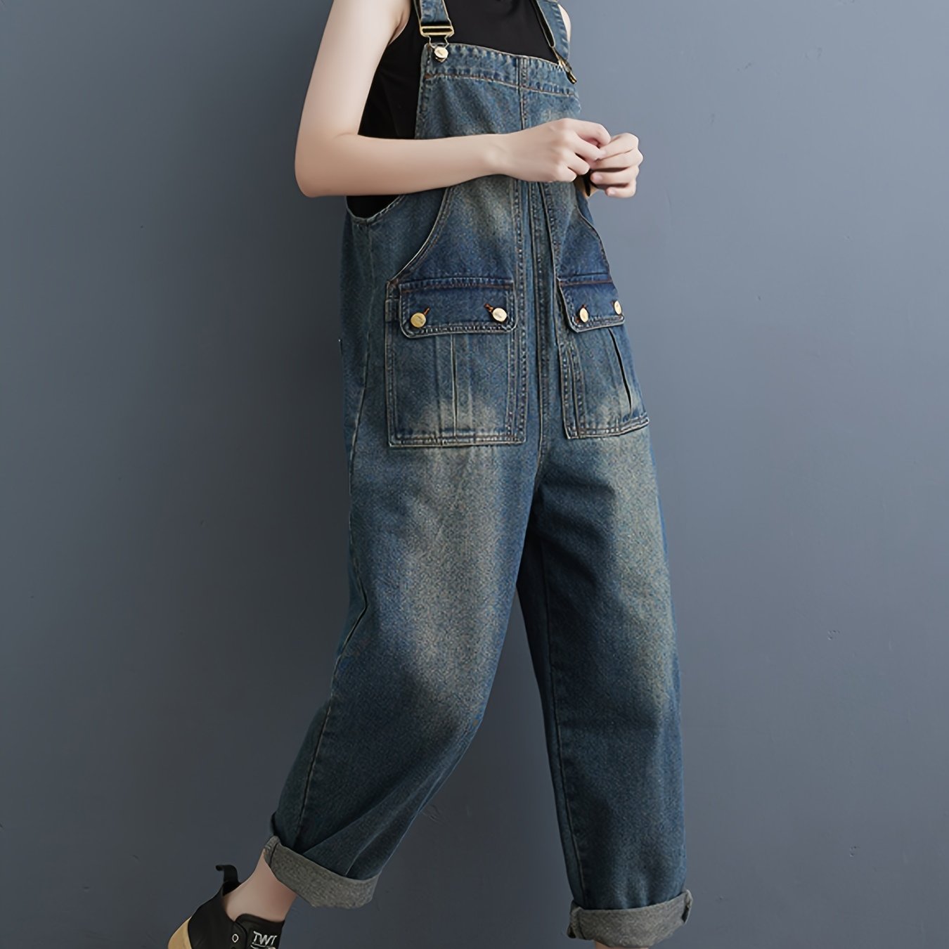 Women's Casual Distressed Denim Overalls, Loose Fit Adjustable Denim Jumpsuit With Pockets