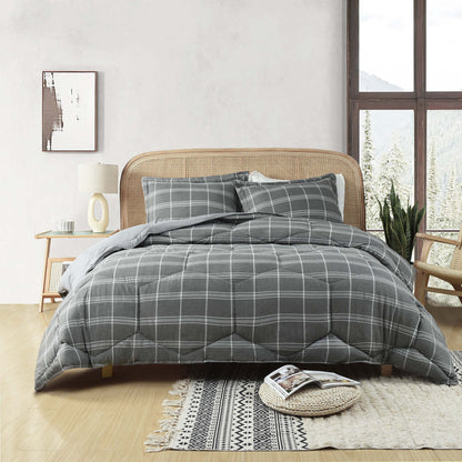 3 Pieces Reversible Quilted Comforter Set, Cationic Dyeing Comforter with Contemporary Plaid Pattern, Preppy Bedding Sets-Include 1 Comforter, 2 Pillow Shams for Bedroom