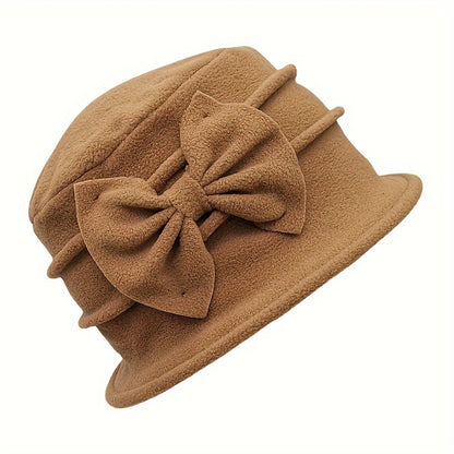Cozy Double-Layer Fleece Bucket Hat For Women - Elegant Bowknot Design, Thick Warm Winter Cap