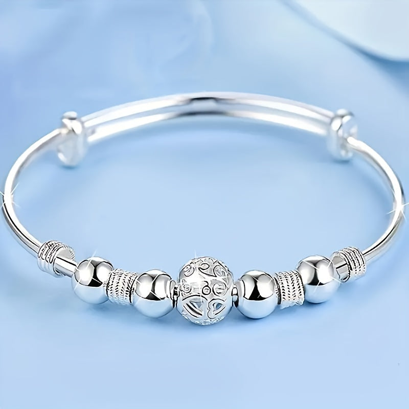1pcs Exquisite Titanium Steel Silver Plated Bead Bangle Bracelet - Durable, Hypoallergenic, and Water Resistant Jewelry Gift for Women - Perfect for Any Occasion