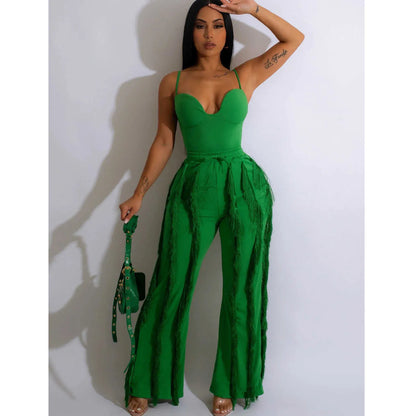 Womens Designer Tracksuit Pants Sexy Tow Piece Set  New Ladies Solid Color Sling Sleeveless Top Tassel Loosetrousers Suit