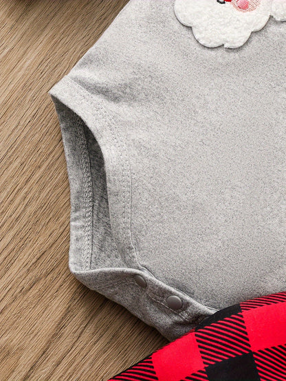 Christmas Baby Boy 2-Piece Outfit - Cute Santa Claus Pattern Long Sleeve Collar Onesie And Plaid Pants Set, Fall/Winter