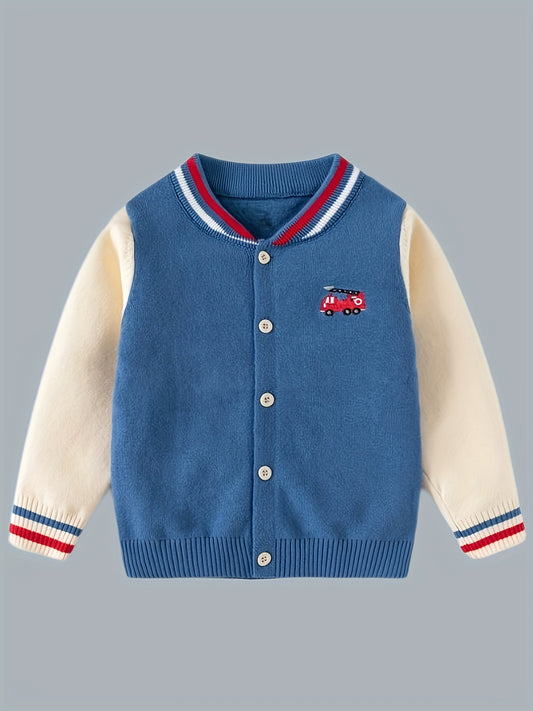 Boys And Girls Cotton Knit Cardigan, Casual Preppy Style Sweater With Cute Embroidery, Comfortable Knit Outerwear For Spring/Autumn