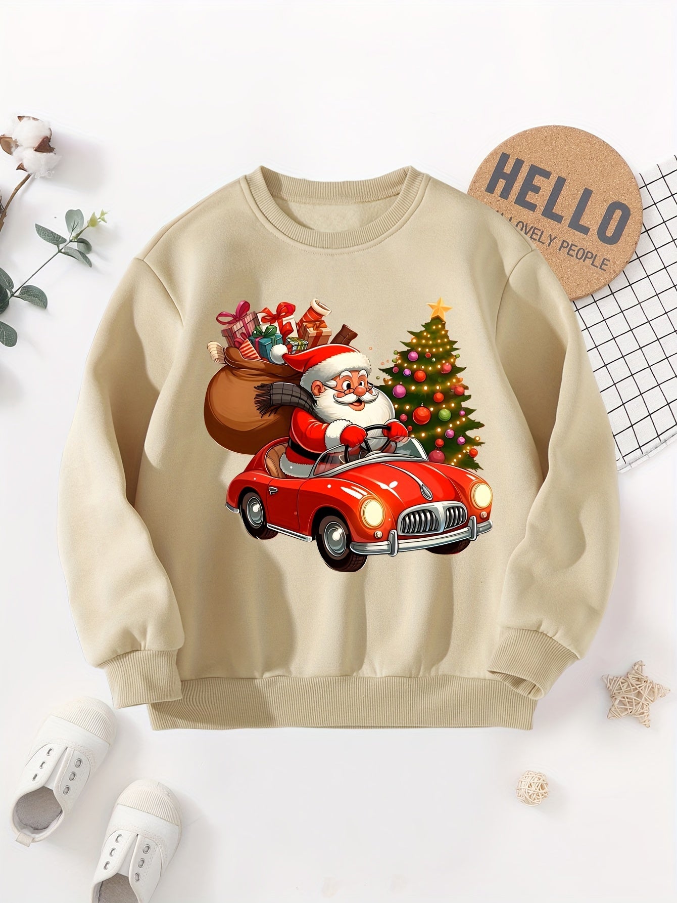Boys' Cozy Fleece-Lined Christmas Sweatshirt with Santa & Car Print - Casual Long Sleeve Pullover for Fall/Winter