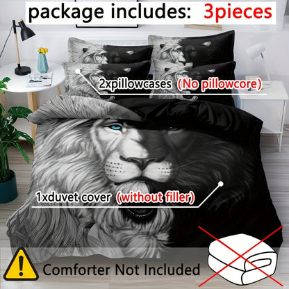 3-Piece Black & White Lion Print Duvet Cover Set - Luxuriously Soft & Hypoallergenic, Wrinkle-Resistant Bedding for Bedrooms, Guest Rooms, and Dorms - Includes 1 Duvet Cover + 2 Pillowcases, No Inner Core Needed, Easy Care