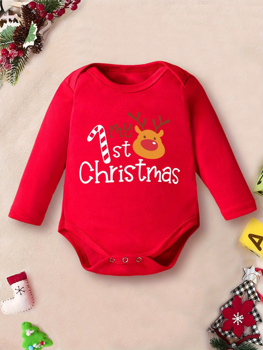 My 1st Christmas" Cute Long-Sleeve Onesie for Boys & Girls - Cozy Polyester, Festive Letter Print, Perfect for Fall/Winter, Perfect for Outdoor