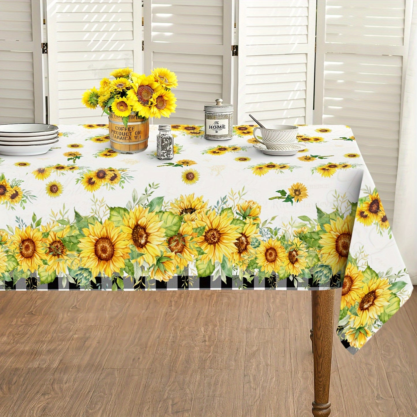 1pc, Polyester Tablecloth, Summer Sunflower Table Cover, Sunflower Buffalo Plaid Checkered Table Cover, Stain Wrinkle Free Tablecloth, For Home Kitchen Dining Party Decoration, Gift