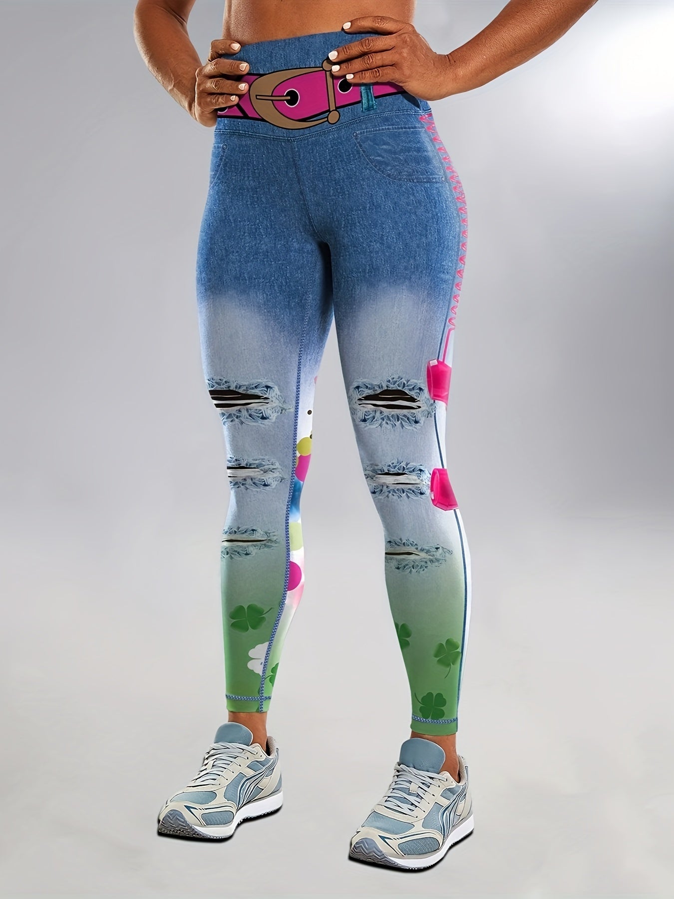 Faux Denim Print Color Butt Lifting Fitness Gym Sports Leggings, High Waist Yoga Workout Running Tight Pants, Women's Activewear