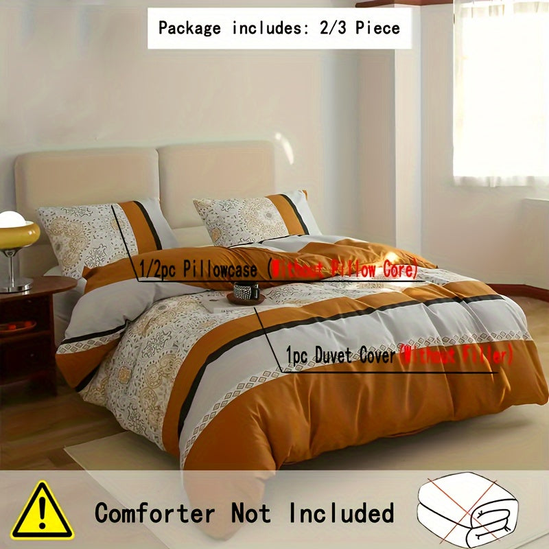 3pcs Soft & Cozy Duvet Cover Set - Orange & Gray Striped, Includes 1 Duvet Cover And 2 Pillowcases, Zip Closure, Machine Washable - Perfect For All Seasons