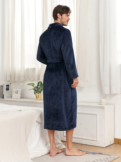 Bathrobe For Men Autumn And Winter Flannel Robe Warm Long Solid Color Lapel Double Pockets Fleece Nightwear