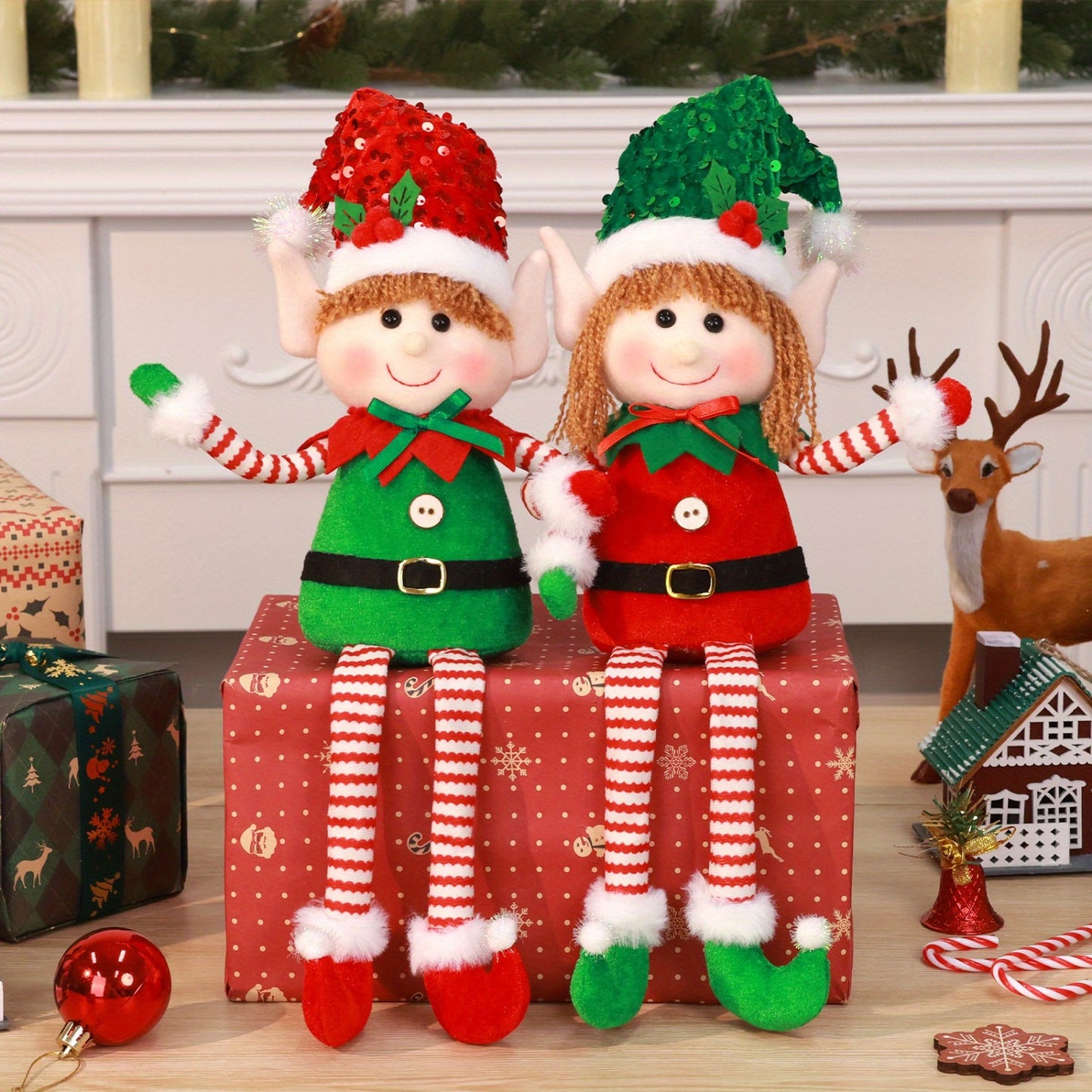 2pcs Festive Christmas Elf Plush Dolls, Long Legged Elf Figurines, Polyester Tabletop Decor, Non-Electric Holiday Accents for Seasonal Display