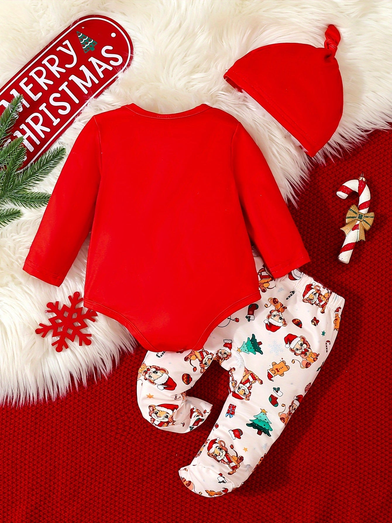 3pcs, MERRY CHRISTMAS Printed Baby Boy's Soft Long Sleeves Jumpsuit + Pants + Hat Set For Everyday & Outdoors, Autumn And Winter Essential, Ideal Gift