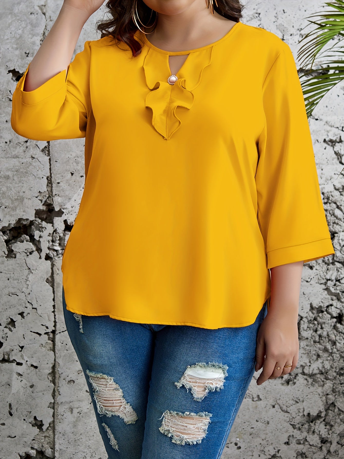 Plus Size Solid Ruffle Blouse, Elegant Crew Neck 3/4 Sleeve Blouse For Spring, Women's Plus Size Clothing