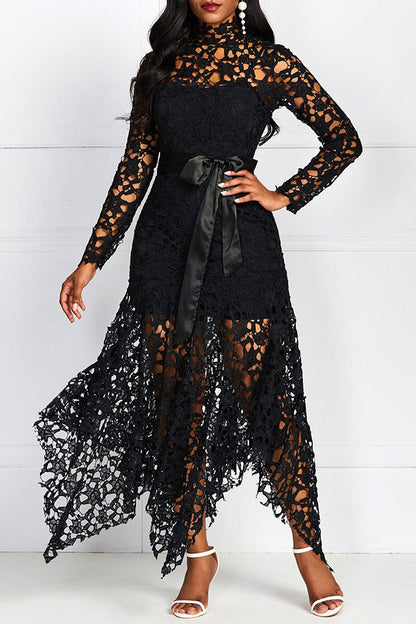 namcoverse Solid Color Lace Elegant Irregular Midi Dress