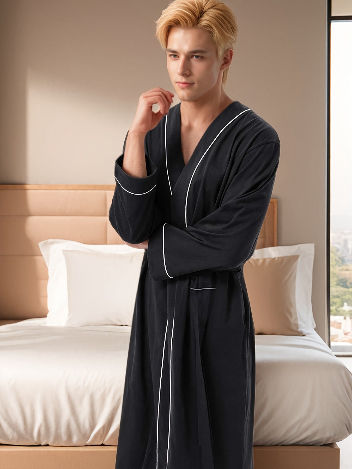 Super-stylish New Casual Solid Color Sleep Robe, Men's Absorbent Quick-drying Nightgowns Must-have In All Season