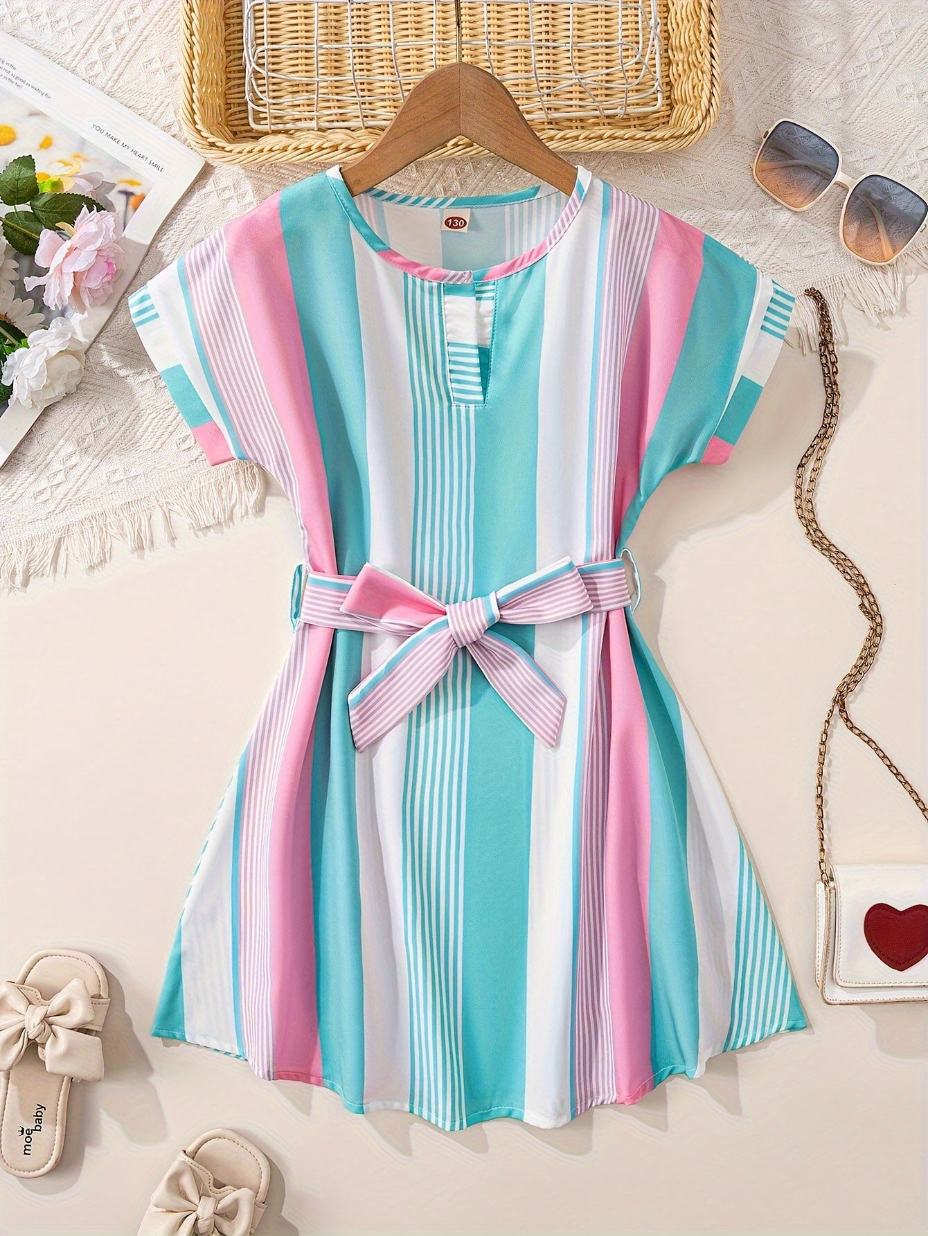 Girls Vibrant Color Block Striped Short Sleeve Loose Fit Notched Dress with Adjustable Belt for Summer - Soft Slight Stretch Polyester Fabric, Casual Style, Woven Construction