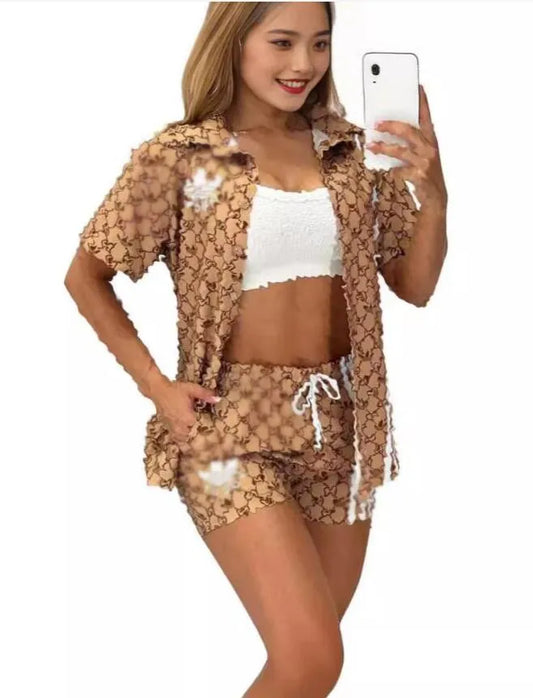 Designer Womens's luxury Two Piece Sets Tracksuits short sleeve shirt +shorts women printed woven polos collar Summer holiday loose fit casual home outdoor clothin