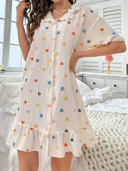 Women's Sweetheart Ruffle Hem Nightdress - Short Sleeve, Button-Up, Peter Pan Collar Sleepwear for Comfy Nights