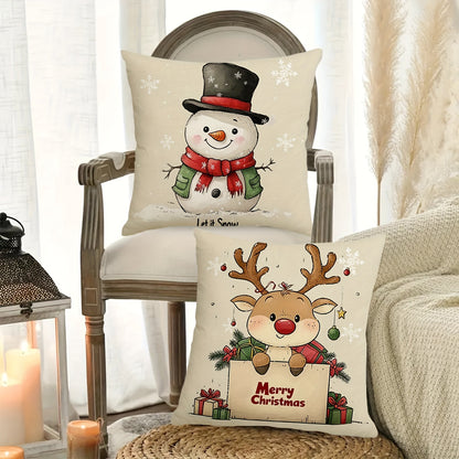 Festive 4pcs Set of Rustic Christmas Throw Pillow Covers - Santa, Reindeer, Snowman & Tree Designs | Durable Polyester, Zip Closure | Perfect for Living Room, Bedroom & Sofa Decor | Machine Washable | 17.72" Square