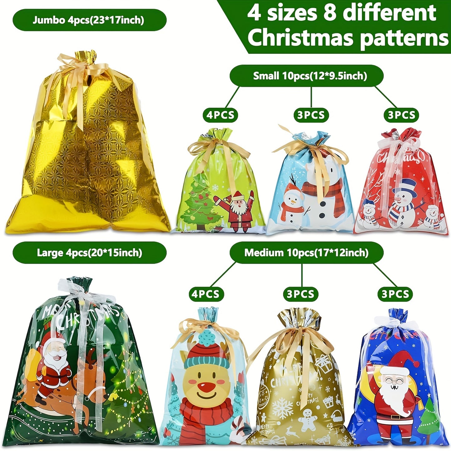 28PCS Assorted Sizes Christmas Drawstring Gift Bags With Ribbon Tie, 4 Sizes, 8 Designs For Xmas Holiday Presents Party Favor Goody Bags Jumbo/Extra Large/Medium/Small Santa Wrapping Bag