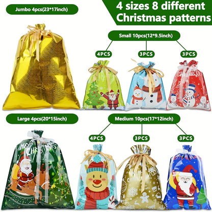 28PCS Assorted Sizes Christmas Drawstring Gift Bags With Ribbon Tie, 4 Sizes, 8 Designs For Xmas Holiday Presents Party Favor Goody Bags Jumbo/Extra Large/Medium/Small Santa Wrapping Bag