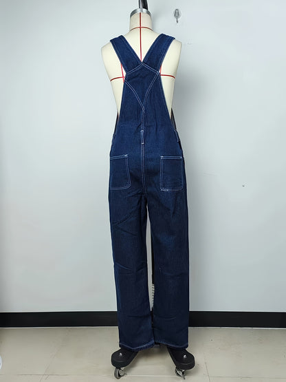 Plain Loose Fit Streetwear Adjustable Strap Contrast Seam Stitching Denim Overalls Dungarees, Women's Denim Jeans & Clothing