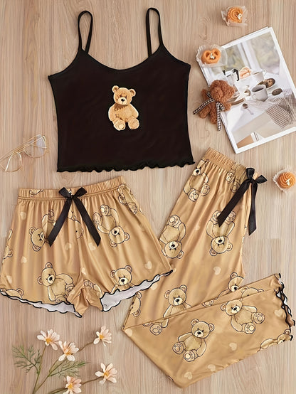 Cute Bear Print Lettuce Trim Pajama Set, Round Neck Crop Cami Top & Shorts & Pants, Women's Sleepwear & Loungewear