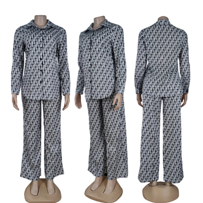 Two Piece Pants Daily Outfits Womens Casual Lapel Neck Shirt and Wide Leg Pant Sets Free Ship