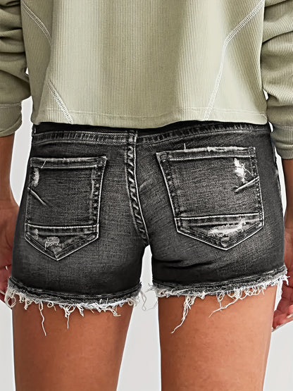 High-Stretch Ripped Raw Hem Single-Breasted Denim Shorts - Button Front, Solid Color, Distressed Washed Blue, Sexy Style, Customized, Spring/Summer Fashion - Womens Denim Jeans & Clothing