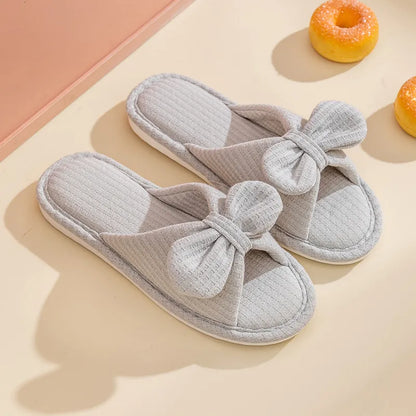 New ins bow knitted cotton home slippers cute teenage open toe couple sandals women