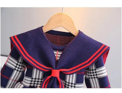 Retail Baby Girls Knitted Plaid Sweaters Dresses Spring Autumn Girl Long Sleeve Princess Dress Kids College Style Knitting Dress 2-7 Years