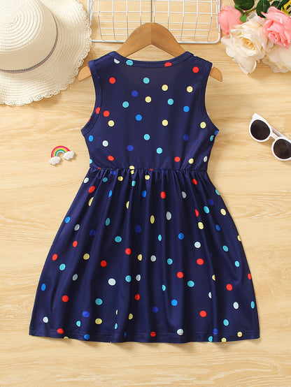 Girls Rainbow Charm - Vibrant Polka Dot Print Sleeveless Crew Neck Dress - Perfect Summer Fashion Gift for Little Princesses