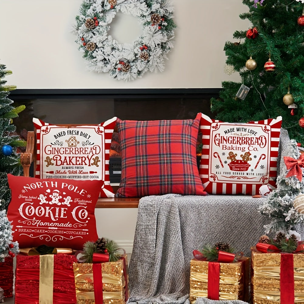 Festive Gingerbread Christmas Pillowcases - 4pcs Set of 18x18 Inch Red Striped Covers, Merry Christmas Design for Winter Home Decor, Machine Washable Polyester with Zip Closure