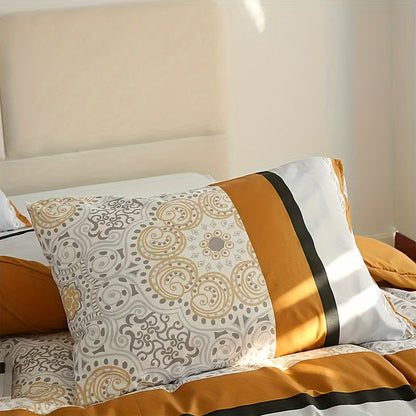 3pcs Soft & Cozy Duvet Cover Set - Orange & Gray Striped, Includes 1 Duvet Cover And 2 Pillowcases, Zip Closure, Machine Washable - Perfect For All Seasons