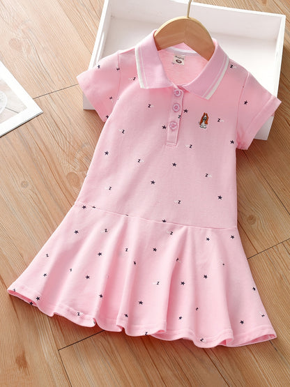 Girls' Summer Sporty Cotton Dress - Embroidered Stars, Polo Collar, Flared Ruffle Hem