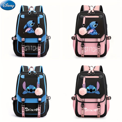 Stylish Cartoon Stitch Backpack - Durable Nylon Material, Zipper Closure, Polyester Lining, Preppy Style, Lightweight Design for School, Travel, and Daily Use - UME Brand