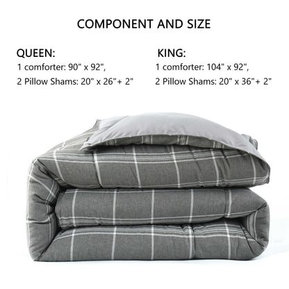 3 Pieces Reversible Quilted Comforter Set, Cationic Dyeing Comforter with Contemporary Plaid Pattern, Preppy Bedding Sets-Include 1 Comforter, 2 Pillow Shams for Bedroom