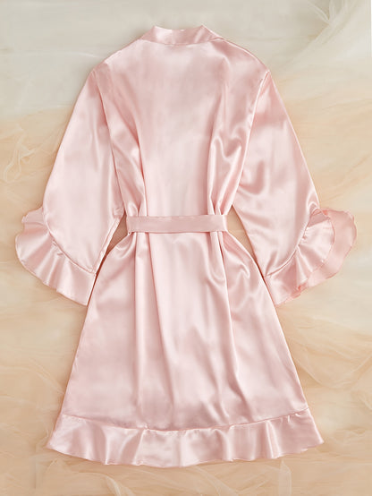 Elegant All-Season Satin Night Robe with Ruffle Detail, V-Neck & Long Sleeves – Luxurious Comfort with Belt, Easy-Care Women's Sleepwear