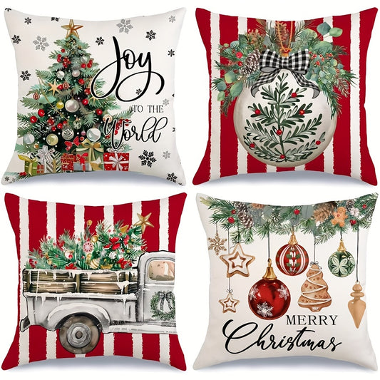 4-Pack Rustic Christmas Throw Pillow Covers, Linen Zippered Cushion Cases with Xmas Tree, Truck, Balls, Joy to the World & Snowflake Designs, Machine Washable, Woven Decor for Various Room Types