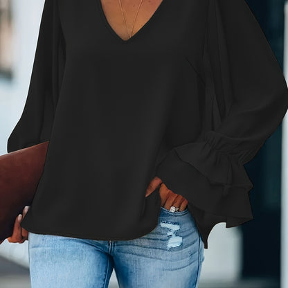 Flirty Ruffle Sleeve Plus Size Blouse - Chic V-Neck, Solid Color for Spring & Summer - Stylish Womens Plus Size Clothing