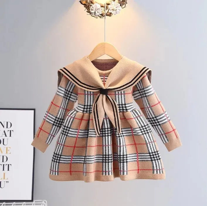 Retail Baby Girls Knitted Plaid Sweaters Dresses Spring Autumn Girl Long Sleeve Princess Dress Kids College Style Knitting Dress 2-7 Years