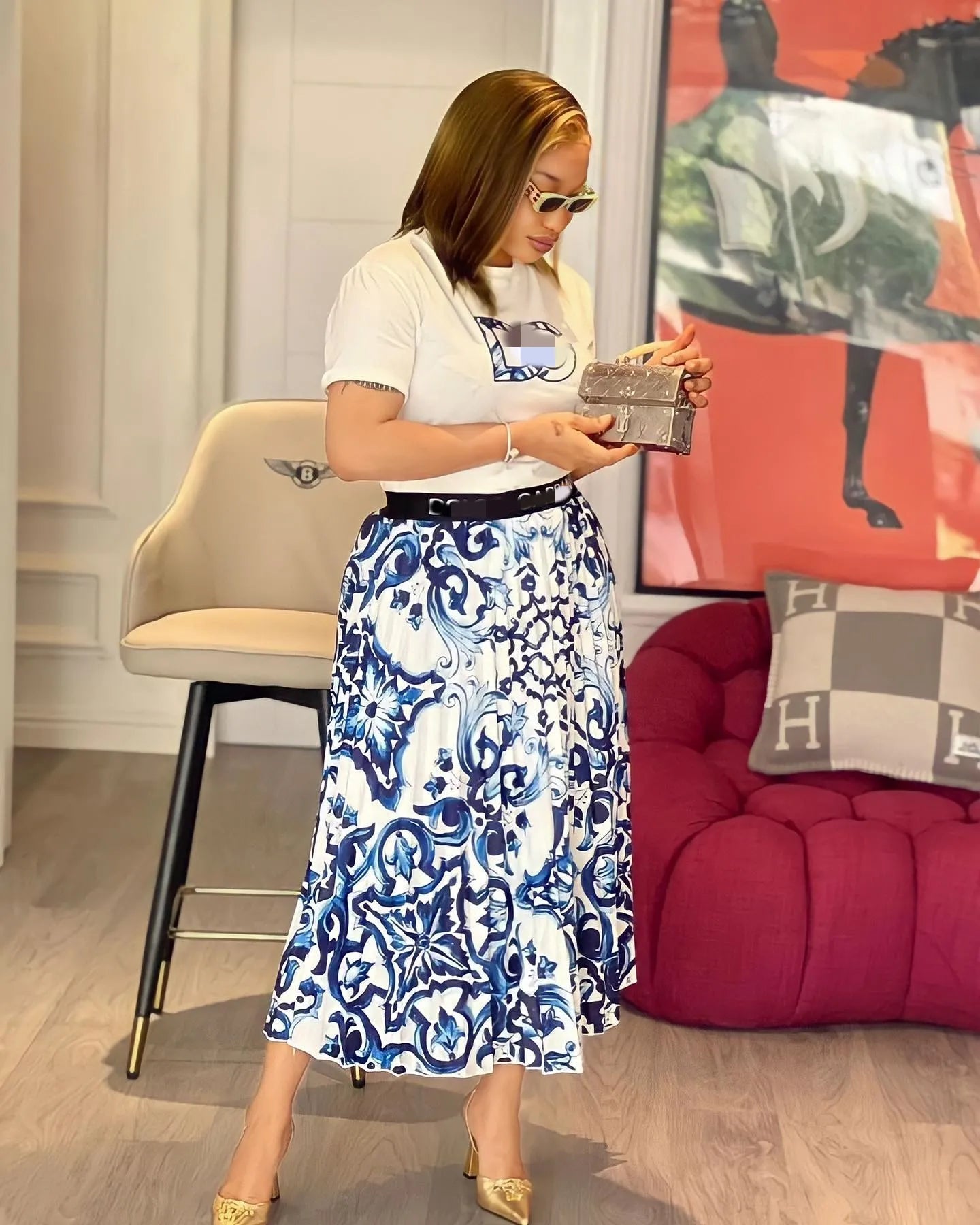 Designer Pleated Two Piece Dress Women Casual Short Sleeve T-shirt and Long Skirt Sets Free Ship